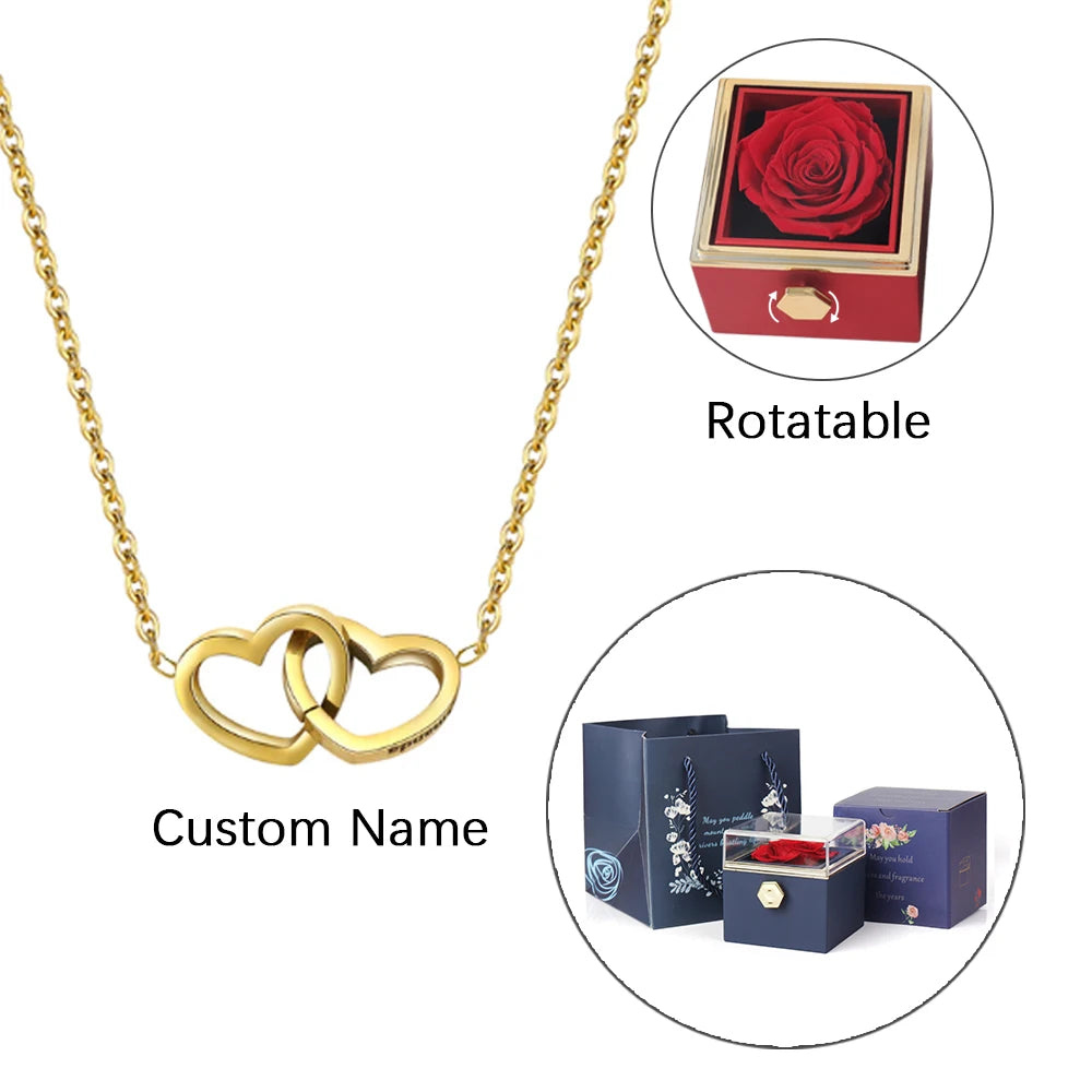 ETERNAL ROSE BOX - W/ENGRAVED NECKLACE & REALROSE Flower Gift Box Heart Customize Letter Necklace Valentine'S Day Gift for Her